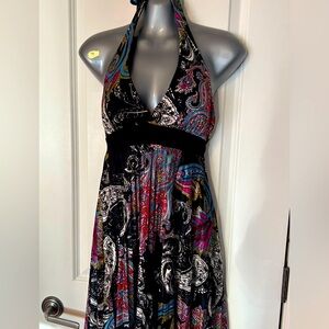 Speechless Halter Dress with open back. Multi colored paisley print